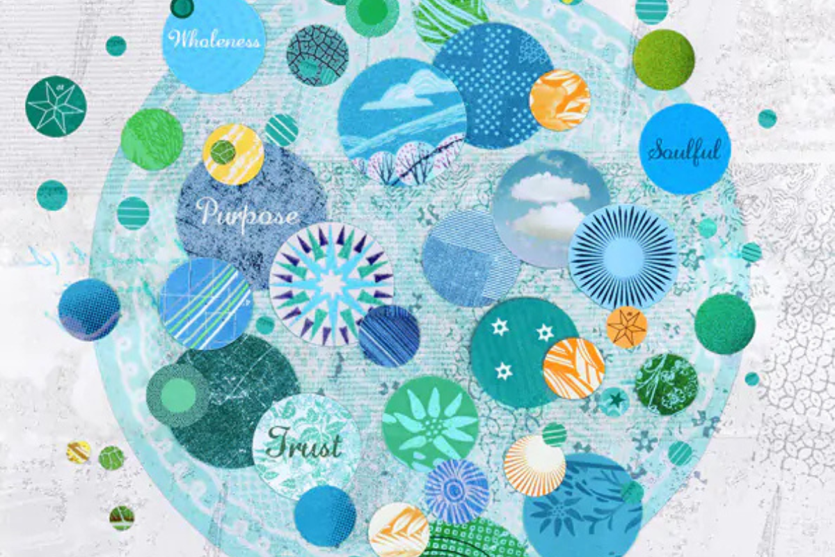 Illustration by Martin O’Neill. A vibrant abstract artwork featuring an array of colourful circles with patterns and textures. Words like "Wholeness," "Purpose," "Trust," and "Soulful" are integrated within the design, representing interconnected values and concepts. The background is a blend of soft blues and whites with intricate details, evoking a sense of harmony and inspiration.